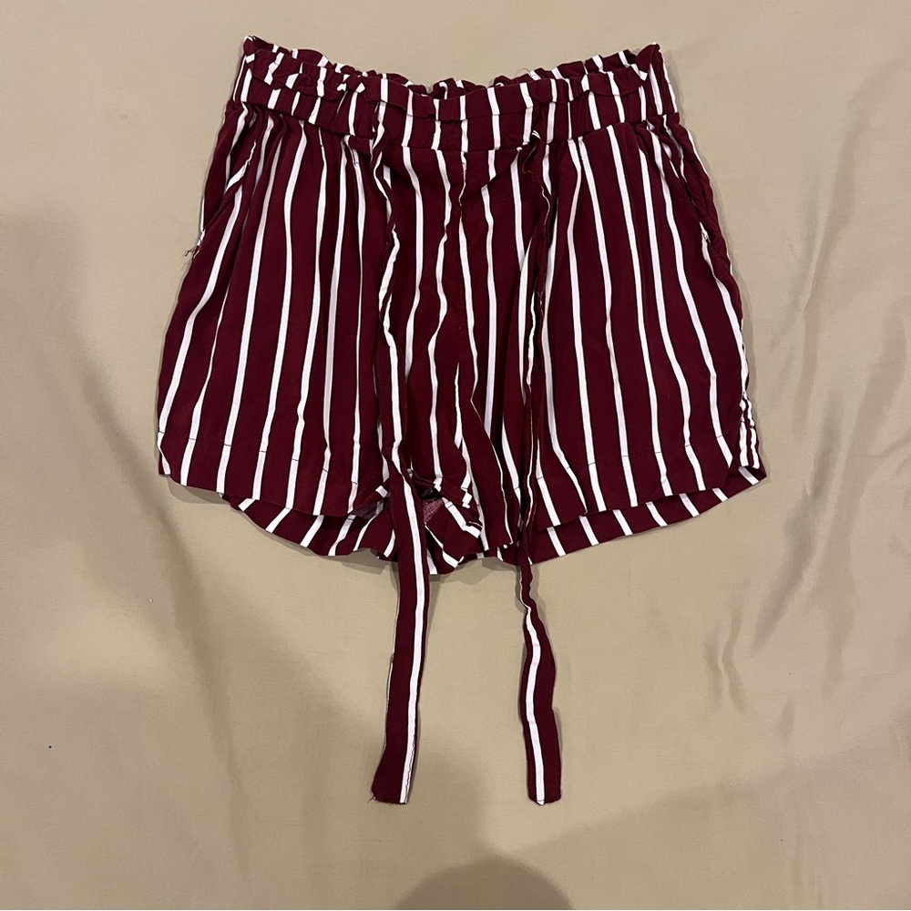 Ambiance Burgundy and White Striped High Waist Shorts